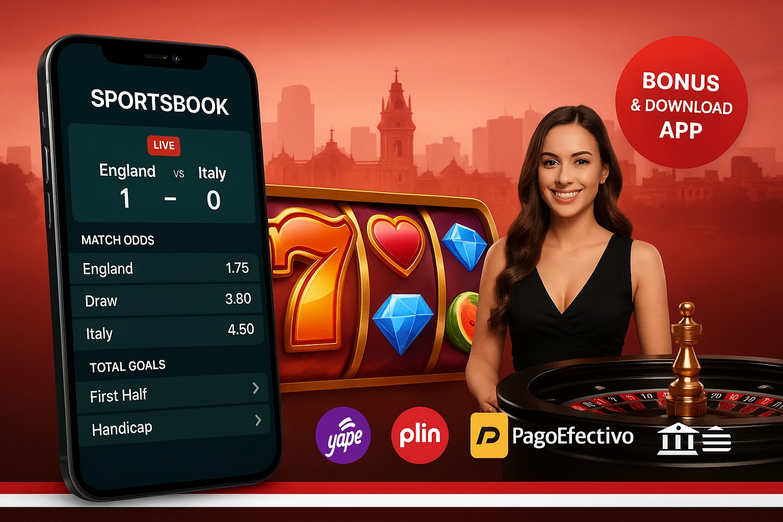 Portada para Perú de Tinbet con apuestas deportivas y casino online, cuotas decimales, ruleta en vivo y tragamonedas; pagos locales con Yape, Plin, PagoEfectivo y transferencias, más bono y app.
