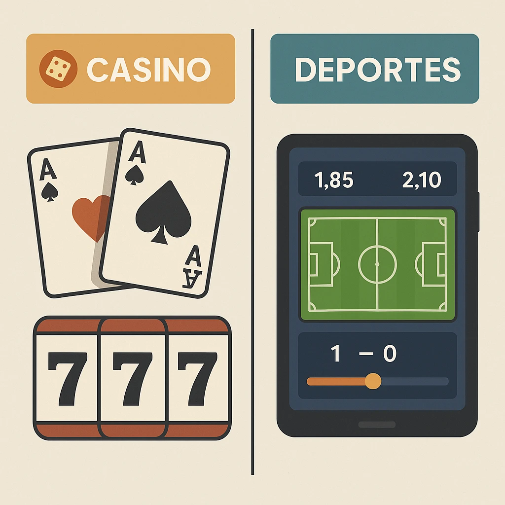 Comparativa de Tinbet en Perú: casino online (slots, blackjack) versus apuestas deportivas en vivo con cuotas decimales y marcadores, explicado de forma clara y visual.